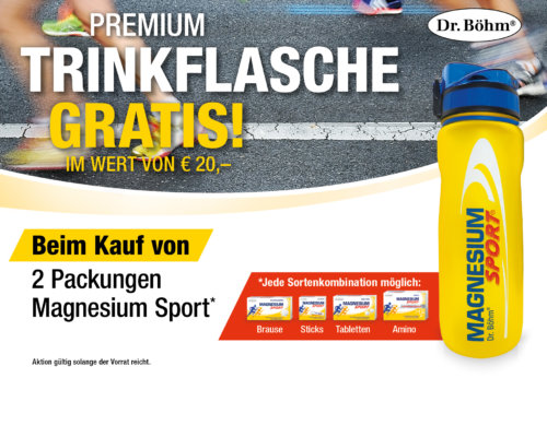 Magnesium Sport® Trinkflaschenaktion - beim Kauf von 2 Packungen Magnesium Sport® Trinkflasche im Wert von €20,- GRATIS!